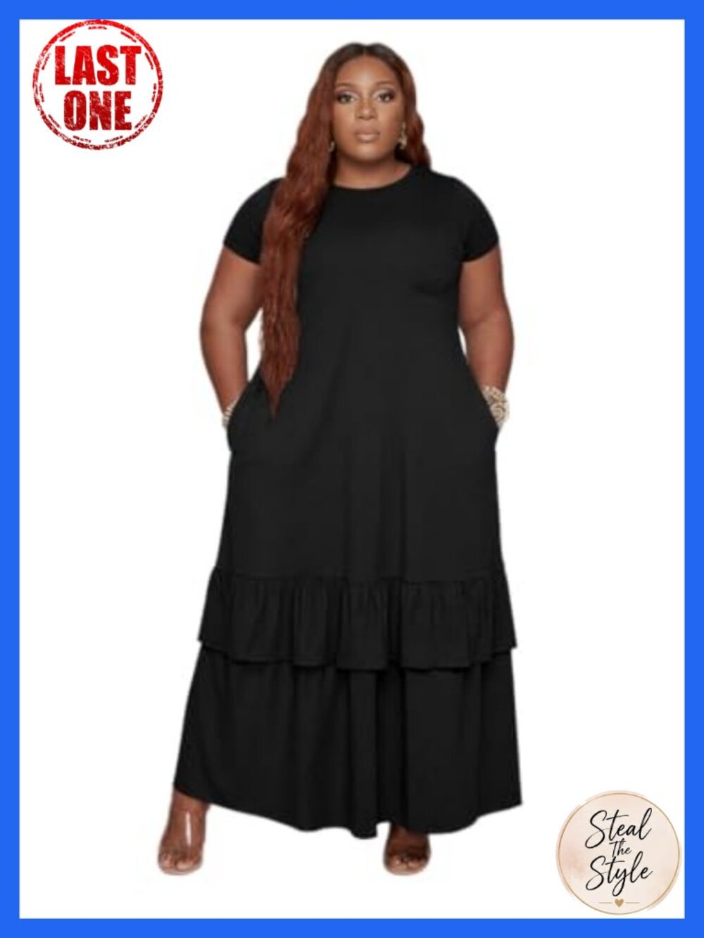 Plus Size Short Sleeve Maxi Dress with Pockets Tiered Ruffled Casual
